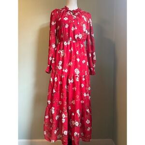 Indigo‎ Rose Red Floral Tiered Maxi Dress Long Sleeve s boho cottage flowy fairy